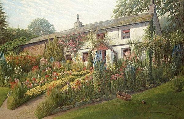 White Cottage surrounded by Flowers and Shrubbery