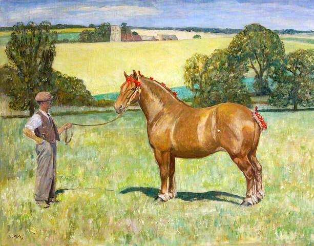 Joe Stearn with the mare 'Rowhedge Myrtle', with Alpheton Church, Suffolk in the Background