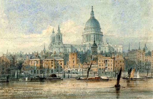 Barges on the Thames before St  Paul's Cathedral