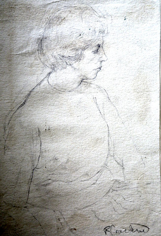 Three-quarter portrait from right side of short-haired female figure in jumper and skirt