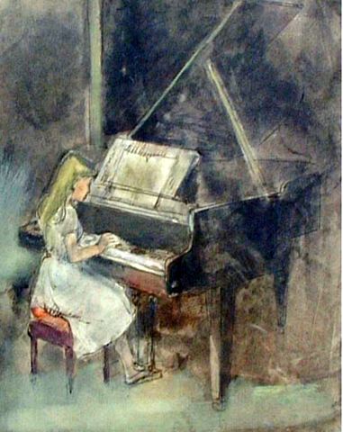 A Young Girl Playing her Piano