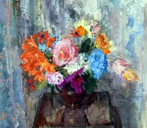 Study of Mixed Flowers in a Jug on a Table