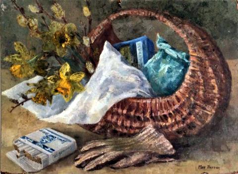 Still Life of a Ladies Wicker Shopping Basket in Spring