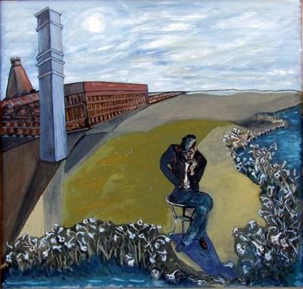 Seated Figure at Riverbank with Industrial Buildings