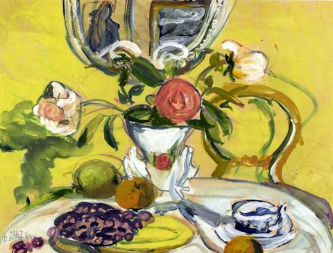 Roses in a Vase on a Table with fruit, a mirror beyond