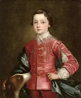 Portrait of a boy, three-quarter-length, in a red slashed doublet with a blue mantle, a spaniel at his side