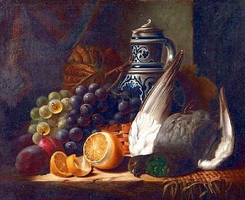 Sill Life with German Stein, Pigeon and Grapes on a Wooden Table