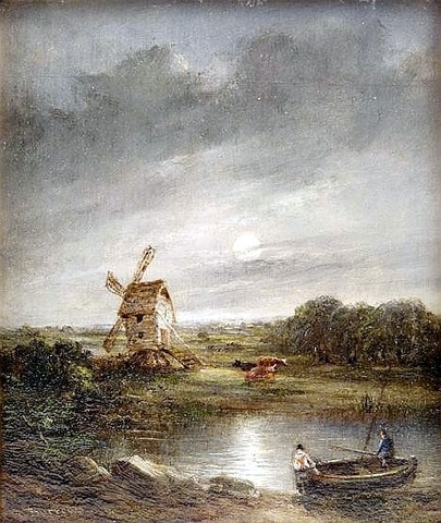 A Moonlight Scene with Fishermen and a Windmill