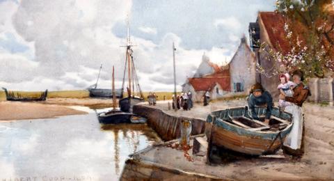 Coastal scene with Boats and Figures on the Quay