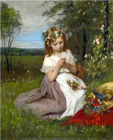Girl in the Meadow Arranging a Wreath of Flowers